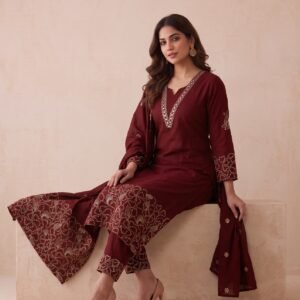 Premium Maroon Cotton Mirror & Cutwork Embroidered Kurta Set with Dupatta