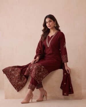 Premium Maroon Cotton Mirror & Cutwork Embroidered Kurta Set with Dupatta