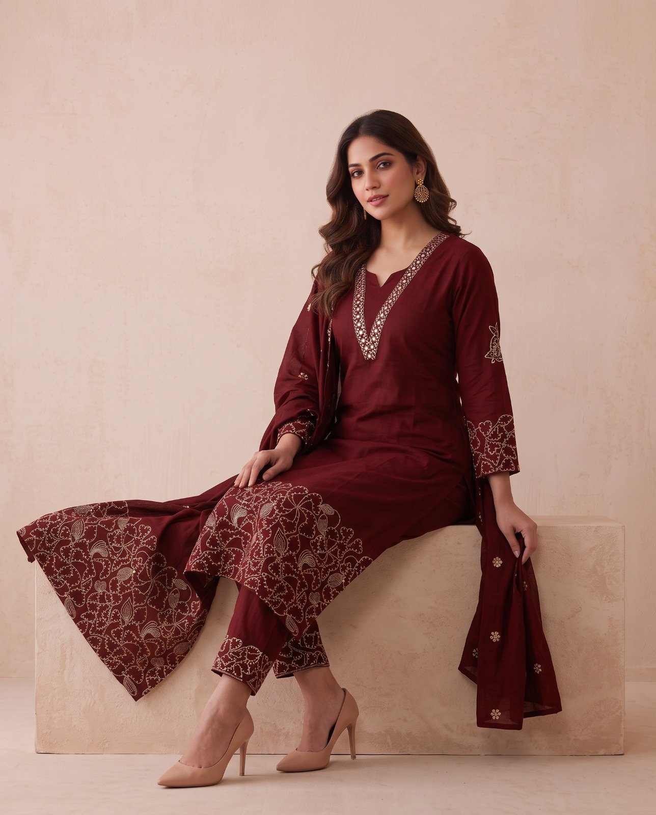 Premium Maroon Cotton Mirror & Cutwork Embroidered Kurta Set with Dupatta