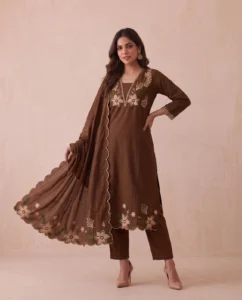 1 Women’s Earthy Brown Scalloped Embroidered Pure Cotton 3-Piece Frock Kurta, Pant & Dupatta Set
