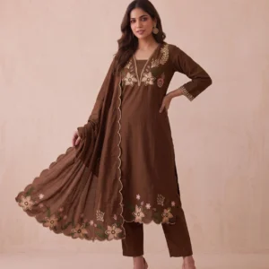 Women’s Earthy Brown Scalloped Embroidered Pure Cotton 3-Piece Frock Kurta, Pant & Dupatta Set