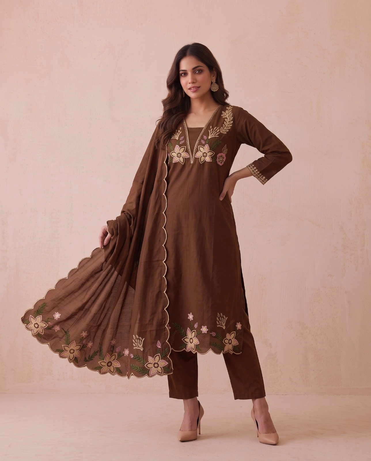 Women’s Earthy Brown Scalloped Embroidered Pure Cotton 3-Piece Frock Kurta, Pant & Dupatta Set