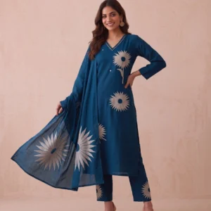 Women’s Peacock Blue Sunflower Embroidered V-Neck Pure Cotton 3-Piece Kurta, Pant & Dupatta Set