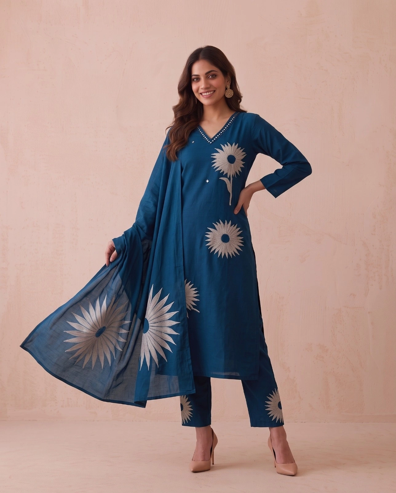 Women’s Peacock Blue Sunflower Embroidered V-Neck Pure Cotton 3-Piece Kurta, Pant & Dupatta Set
