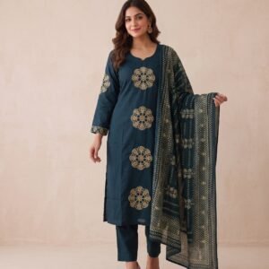 Premium Teal Cotton Mandala Printed Kurta Set with Dupatta