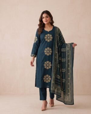 Premium Teal Cotton Mandala Printed Kurta Set with Dupatta