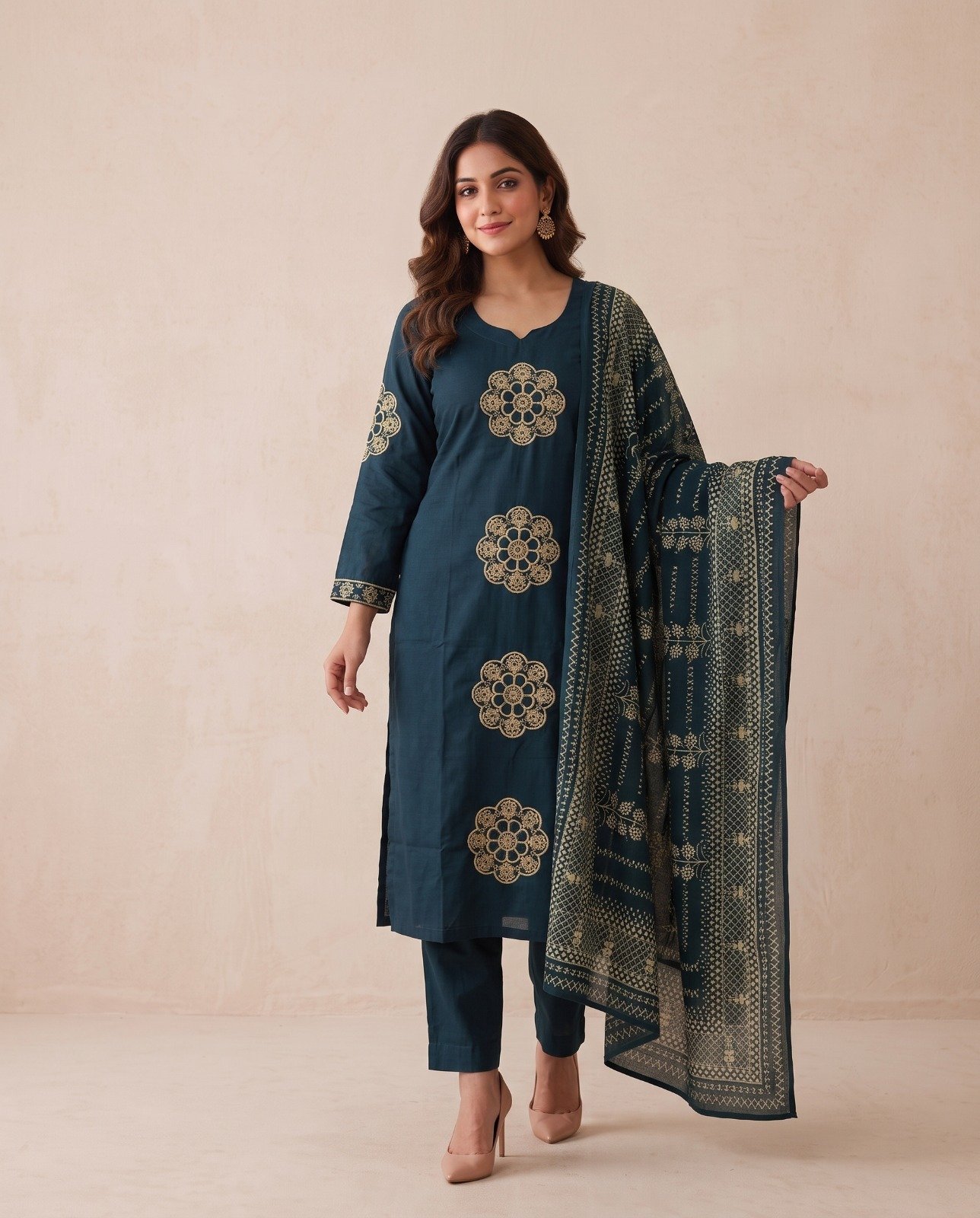 Premium Teal Cotton Mandala Printed Kurta Set with Dupatta