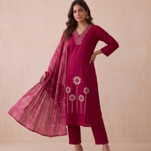Premium Magenta Cotton Embroidered Kurta Set with Printed Dupatta
