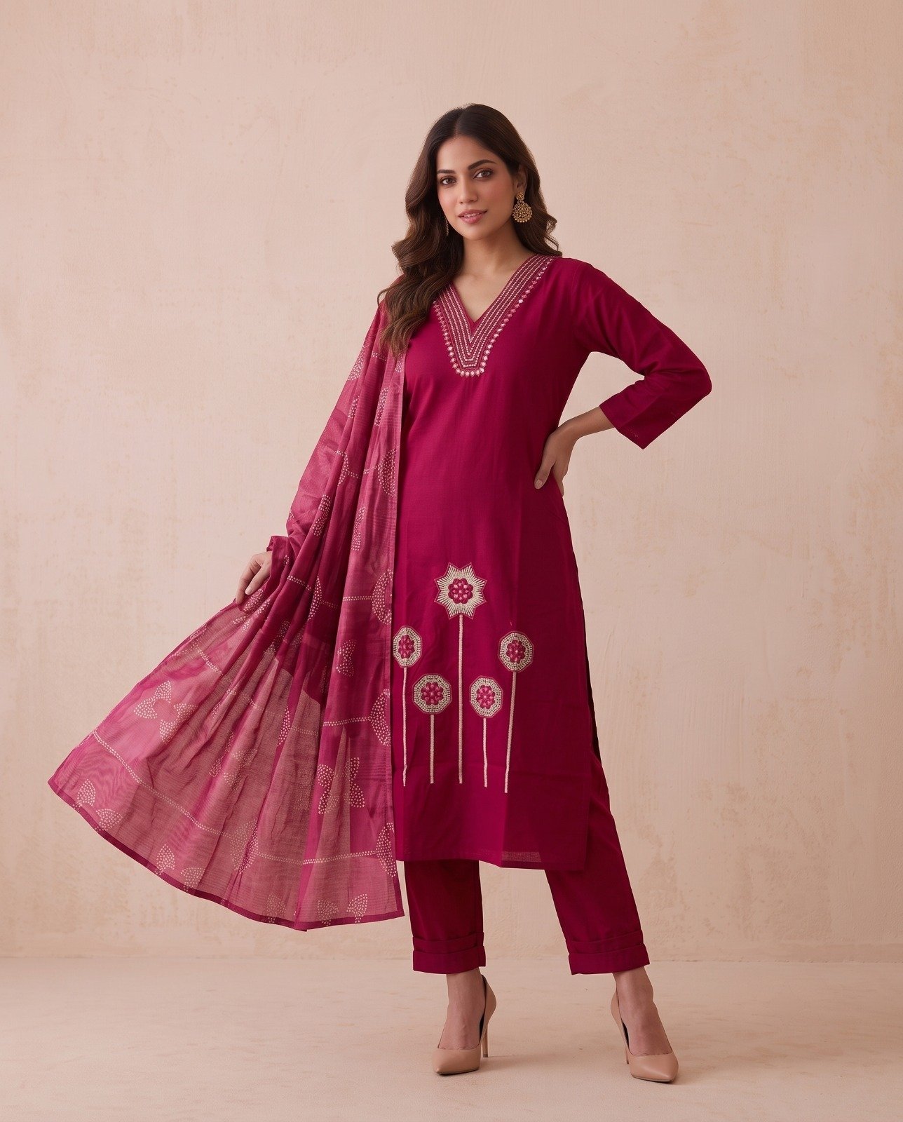 Premium Magenta Cotton Embroidered Kurta Set with Printed Dupatta
