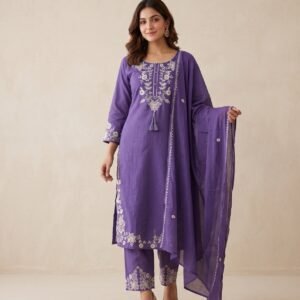 Elegant Embroidered Cotton 3-Piece Suit Set with Dupatta – Kurta, Pants & Dupatta