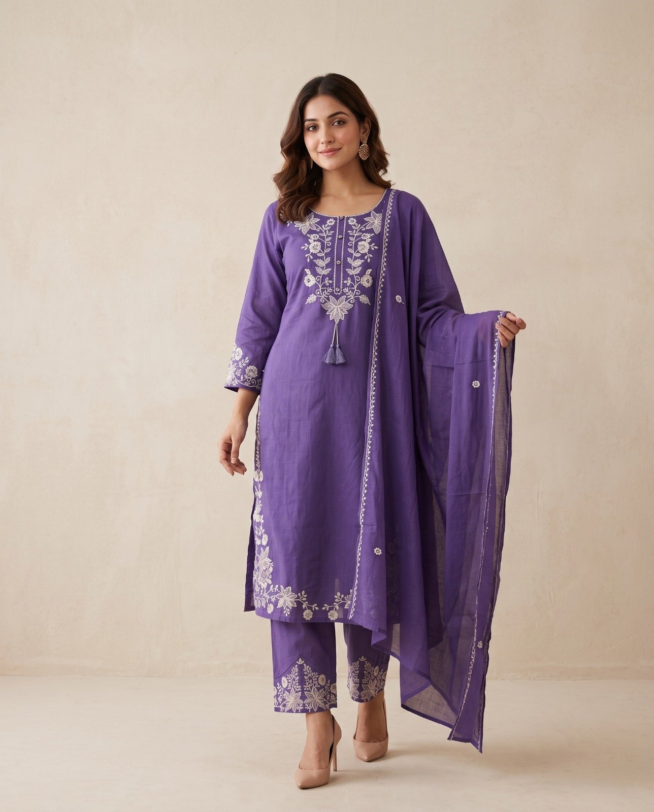 Elegant Embroidered Cotton 3-Piece Suit Set with Dupatta – Kurta, Pants & Dupatta