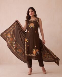 Women’s Elegant Floral Embroidered Pure Cotton 3-Piece Kurta, Pant & Dupatta Set