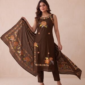 Women’s Elegant Floral Embroidered Pure Cotton 3-Piece Kurta, Pant & Dupatta Set