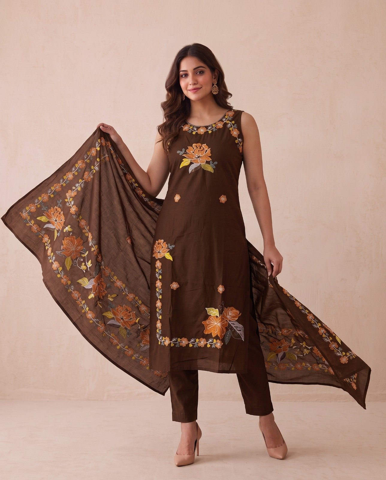 Women’s Elegant Floral Embroidered Pure Cotton 3-Piece Kurta, Pant & Dupatta Set