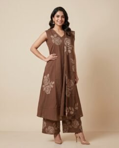 7da6df1c-70ad-42af-904b-f84865b9bd75 Women’s Chic Chocolate Brown Printed Sleeveless Kurta, Wide-Leg Pants & Dupatta Set