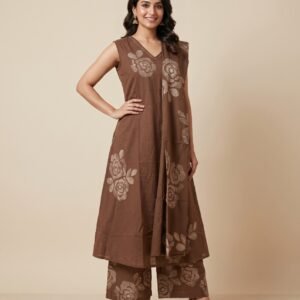 Women’s Chic Chocolate Brown Printed Sleeveless Kurta, Wide-Leg Pants & Dupatta Set