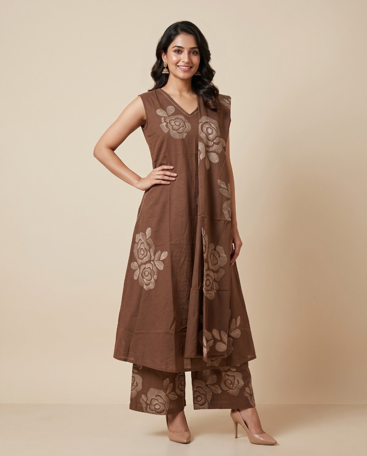 Women’s Chic Chocolate Brown Printed Sleeveless Kurta, Wide-Leg Pants & Dupatta Set