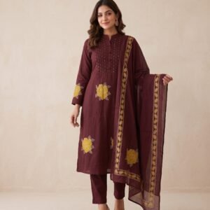 Women’s Royal Wine Mandarin Collar Embroidered Pure Cotton 3-Piece Kurta, Pant & Bordered Dupatta Set