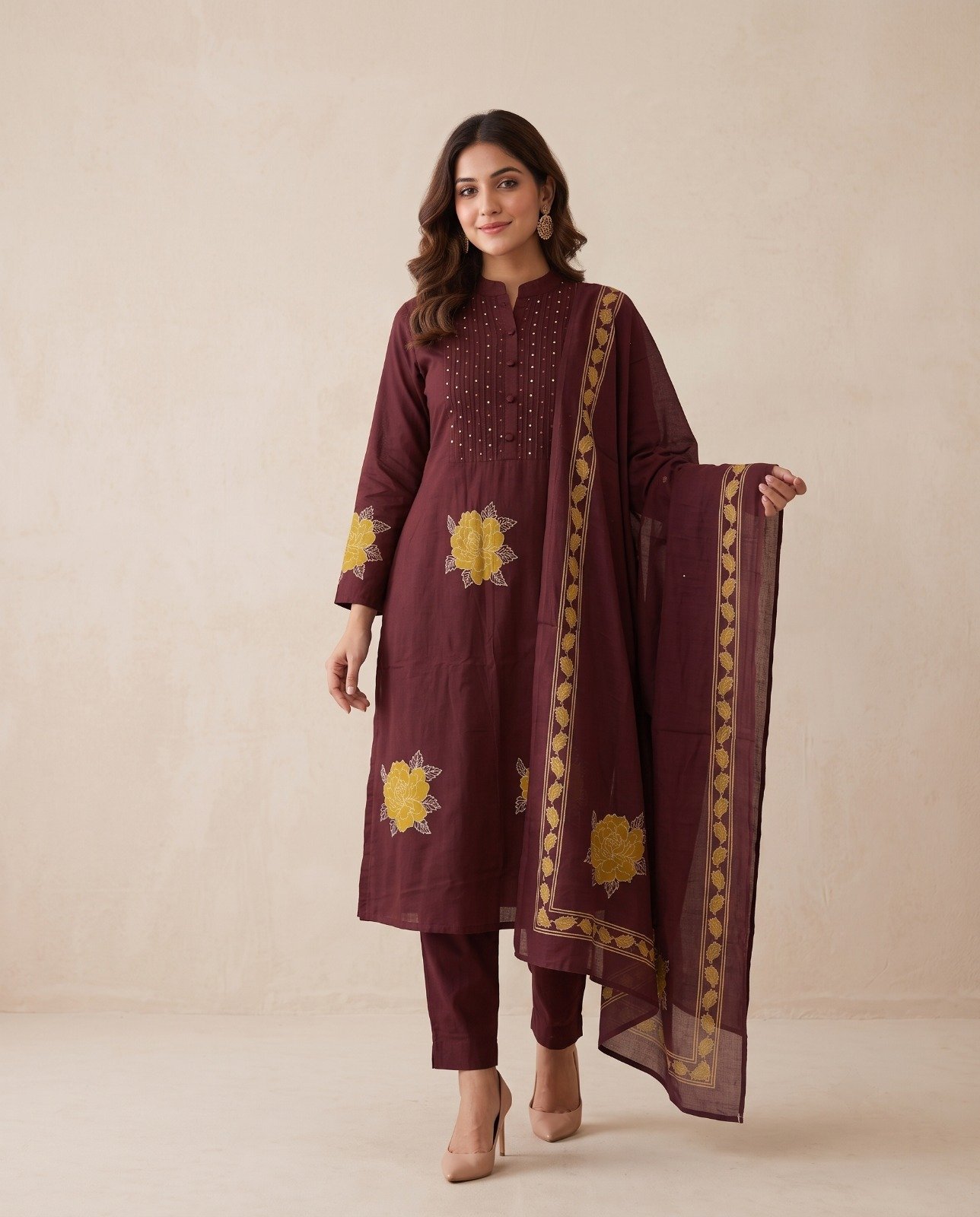 Women’s Royal Wine Mandarin Collar Embroidered Pure Cotton 3-Piece Kurta, Pant & Bordered Dupatta Set