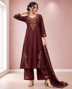 Deep Wine Zari Work 3-Piece Silk-Blend Festive Kurta Palazzo Suit Set for Women