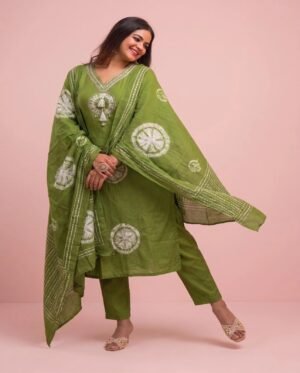 Women's Olive Green Printed Cotton 3-Piece Kurta, Pant & Dupatta Set