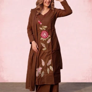 Women’s Chocolate Brown Floral Embroidered Pure Cotton 3-Piece Kurta, Pant & Dupatta Set