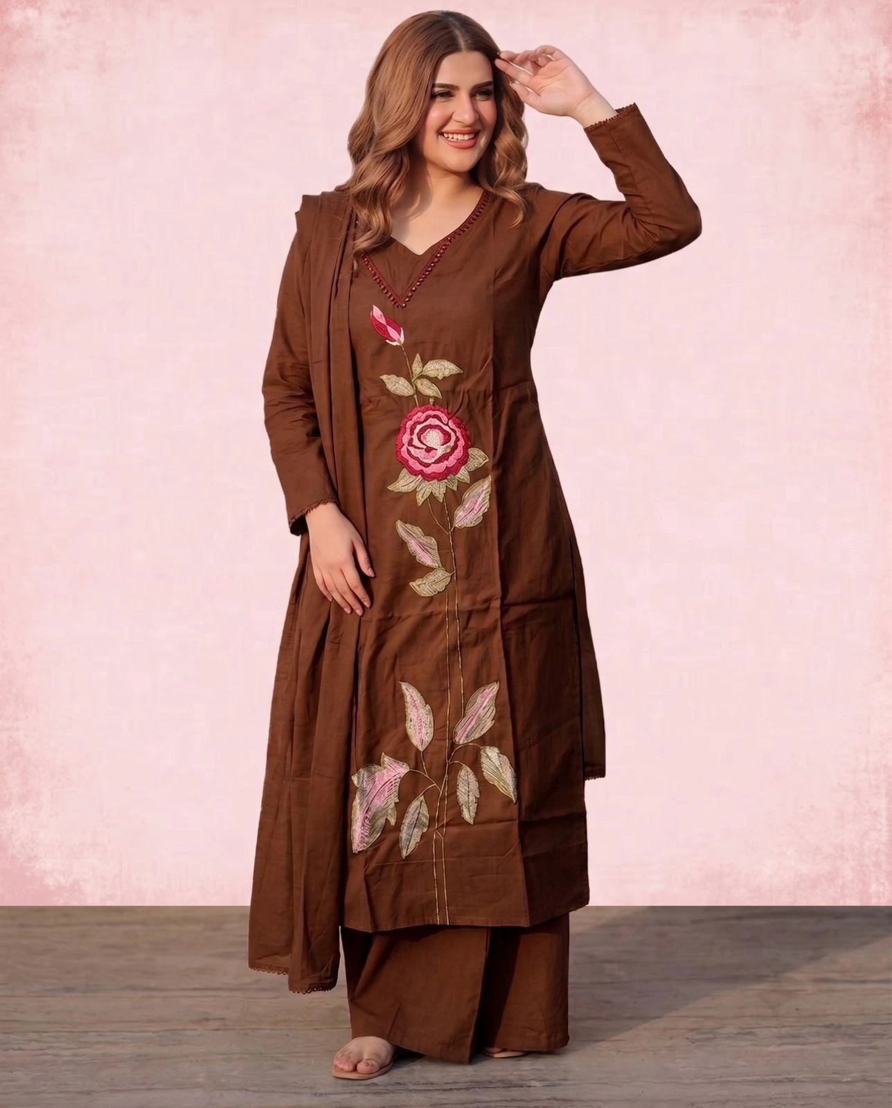 Women’s Chocolate Brown Floral Embroidered Pure Cotton 3-Piece Kurta, Pant & Dupatta Set