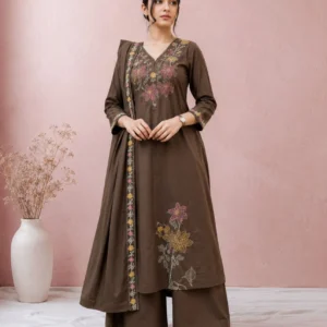 Women’s Coffee Brown Floral Embroidered 3-Piece Kurta, Pant & Dupatta Set