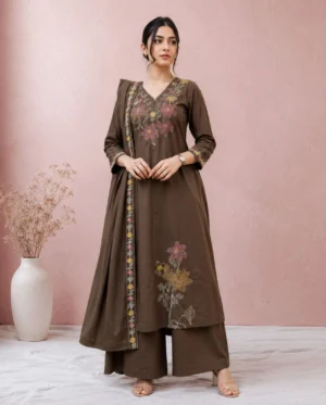Women’s Coffee Brown Floral Embroidered 3-Piece Kurta, Pant & Dupatta Set
