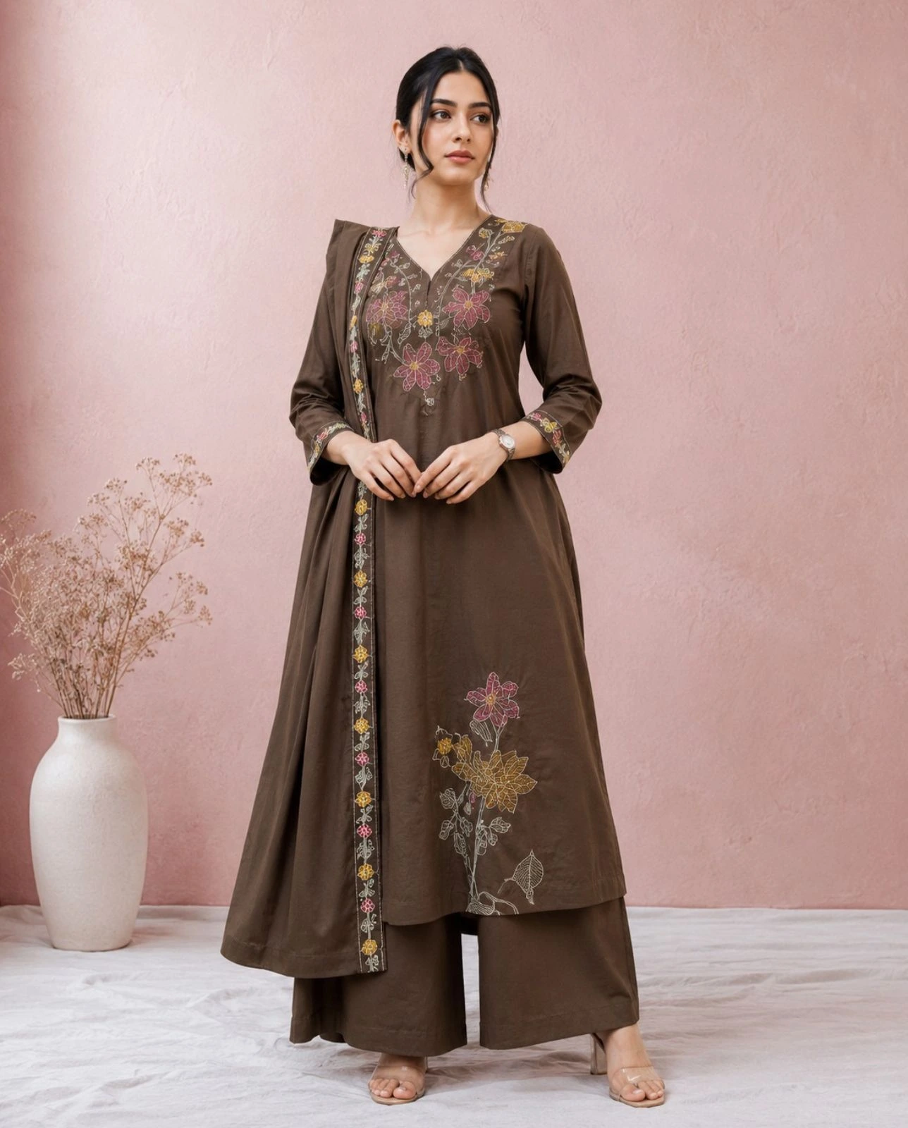 Women’s Coffee Brown Floral Embroidered 3-Piece Kurta, Pant & Dupatta Set