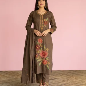 Women’s Coffee Brown Floral Embroidered Pure Cotton 3-Piece Kurta, Pant & Dupatta Set