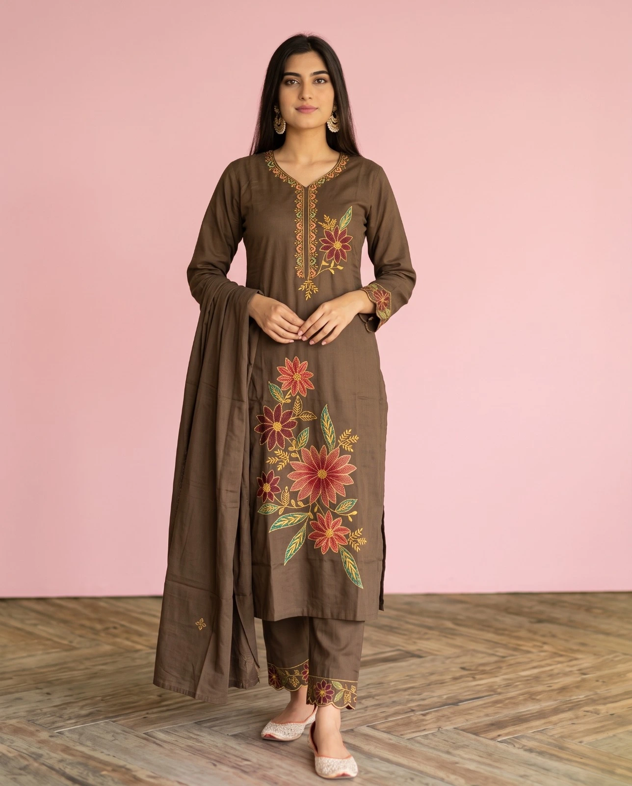Women’s Coffee Brown Floral Embroidered Pure Cotton 3-Piece Kurta, Pant & Dupatta Set