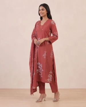 Women’s Dusty Rose Floral Printed & Embroidered Pure Cotton 3-Piece Kurta, Pant & Dupatta Set