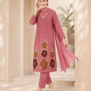Women’s Dusty Rose Pink Floral Embroidered Pure Cotton 3-Piece Kurta, Pant & Dupatta Set