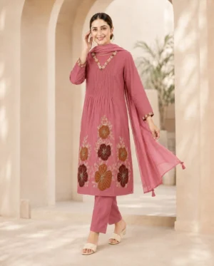 Women’s Dusty Rose Pink Floral Embroidered Pure Cotton 3-Piece Kurta, Pant & Dupatta Set