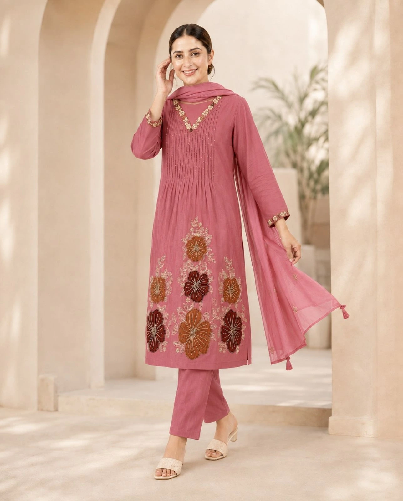 Women’s Dusty Rose Pink Floral Embroidered Pure Cotton 3-Piece Kurta, Pant & Dupatta Set
