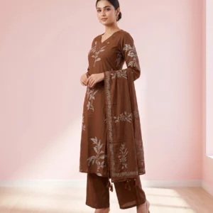 Women’s Earthy Brown Floral Printed Pure Cotton 3-Piece Kurta, Pant & Dupatta Set