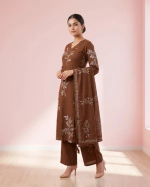 Women’s Earthy Brown Floral Printed Pure Cotton 3-Piece Kurta, Pant & Dupatta Set