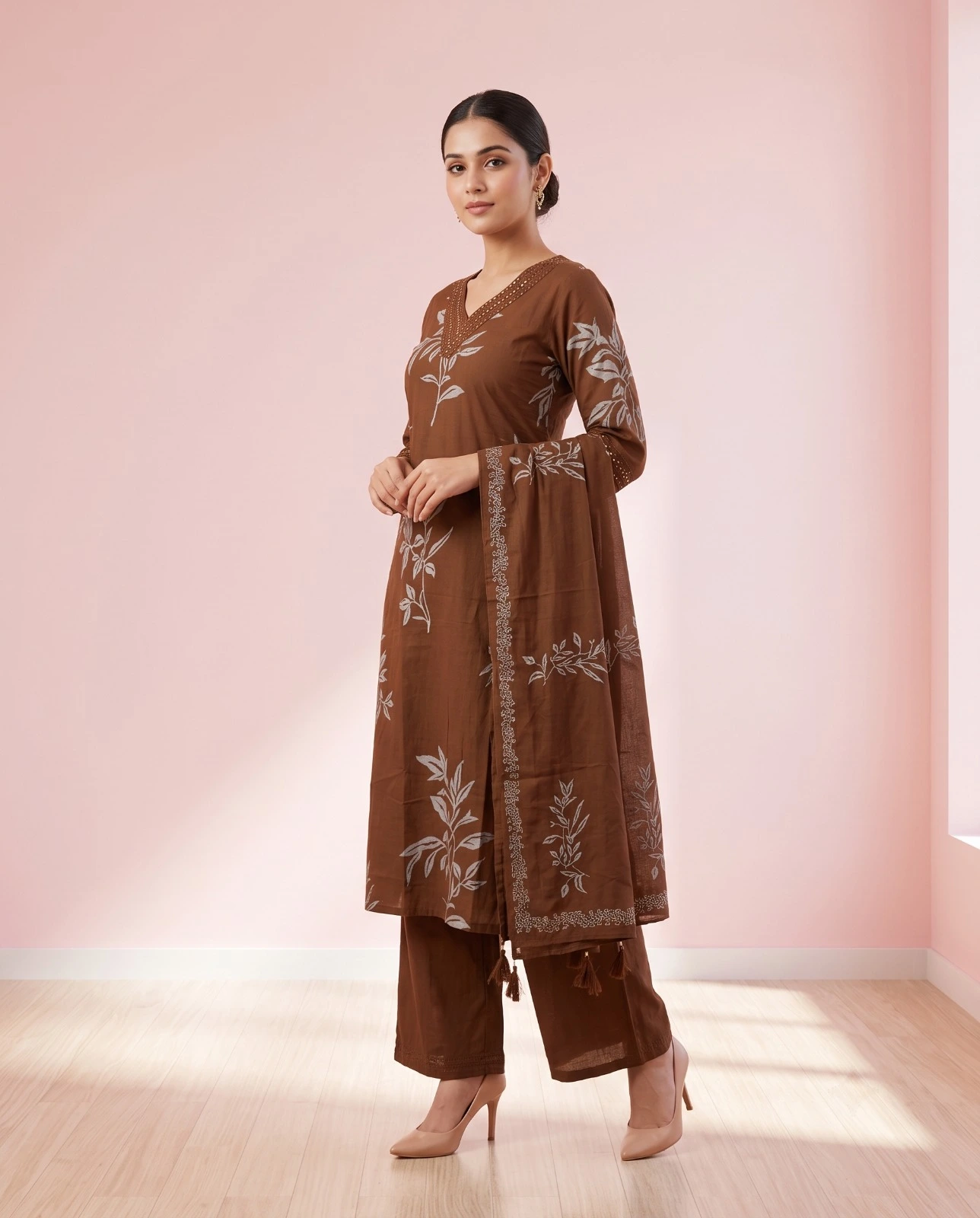 Women’s Earthy Brown Floral Printed Pure Cotton 3-Piece Kurta, Pant & Dupatta Set