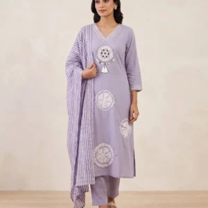 Women’s Lavender Purple Printed Cotton 3-Piece Kurta, Pant & Dupatta Set