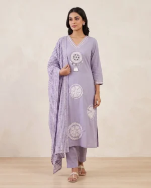 Women’s Lavender Purple Printed Cotton 3-Piece Kurta, Pant & Dupatta Set