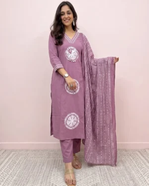 Women’s Mauve Purple Printed Cotton 3-Piece Kurta, Pant & Dupatta Set