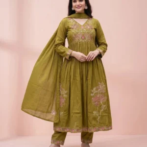 Women’s Olive Green Floral Embroidered 3-Piece Anarkali Kurta, Pant & Dupatta Set