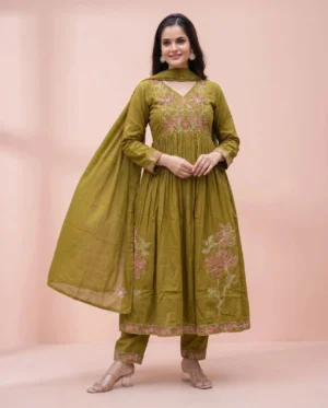 Women’s Olive Green Floral Embroidered 3-Piece Anarkali Kurta, Pant & Dupatta Set