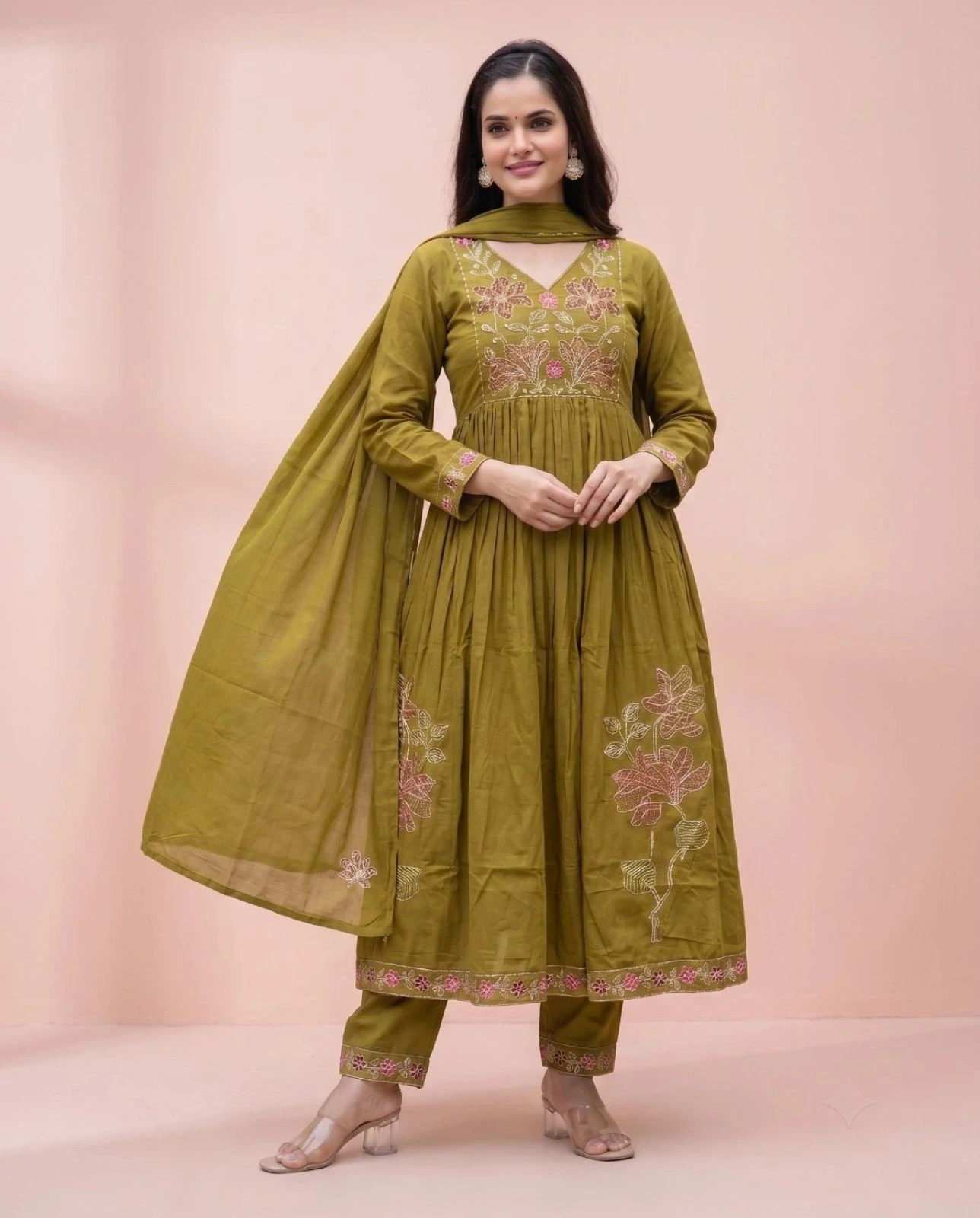 Women’s Olive Green Floral Embroidered 3-Piece Anarkali Kurta, Pant & Dupatta Set