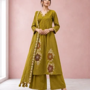 Women’s Olive Green Floral Embroidered Pure Cotton 3-Piece Kurta, Pant & Dupatta Set