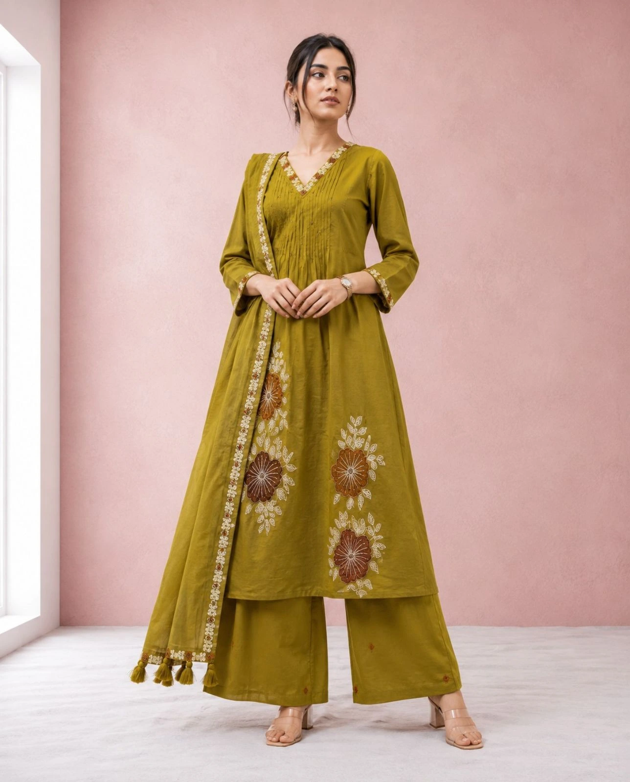 Women’s Olive Green Floral Embroidered Pure Cotton 3-Piece Kurta, Pant & Dupatta Set