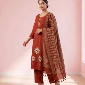 Women’s Rust Red Floral Embroidered Pure Cotton 3-Piece Kurta, Pant & Dupatta Set