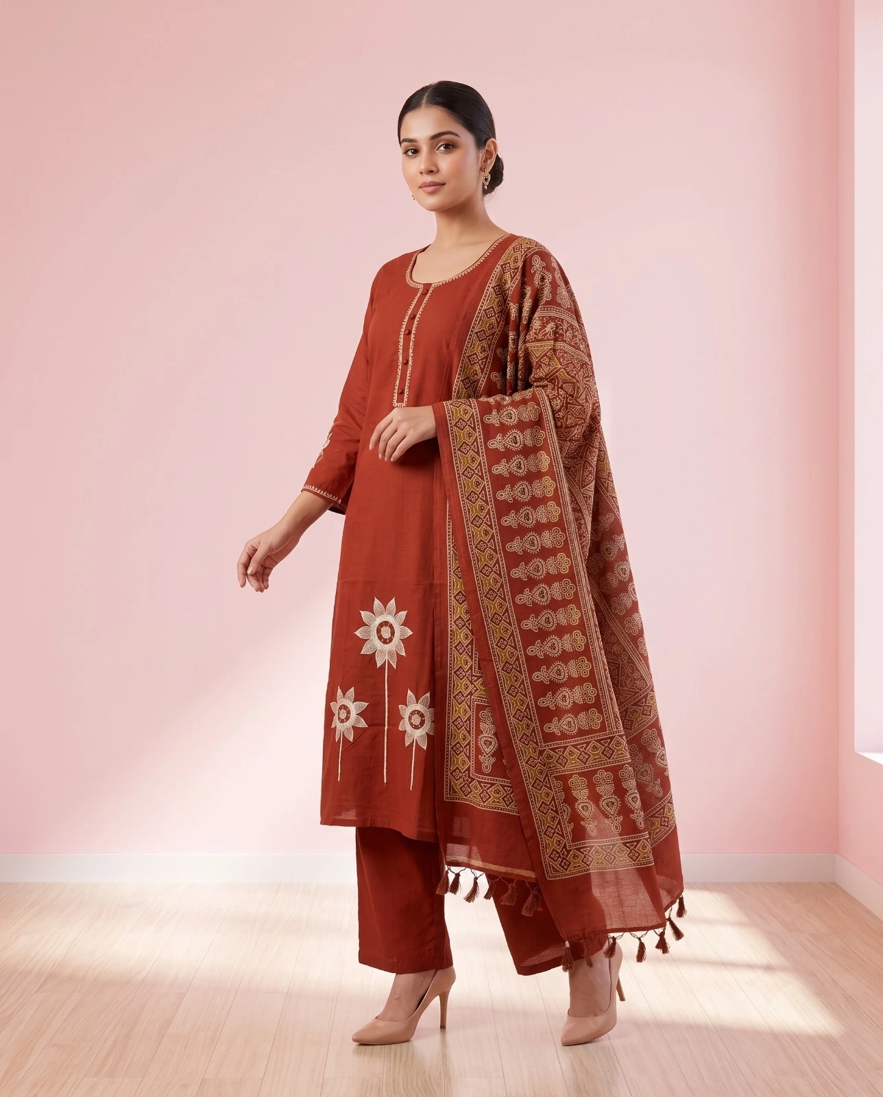 Women’s Rust Red Floral Embroidered Pure Cotton 3-Piece Kurta, Pant & Dupatta Set