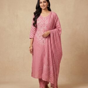 Dusty Rose Pink 3-Piece Festive Bandhani Suit Set for Women